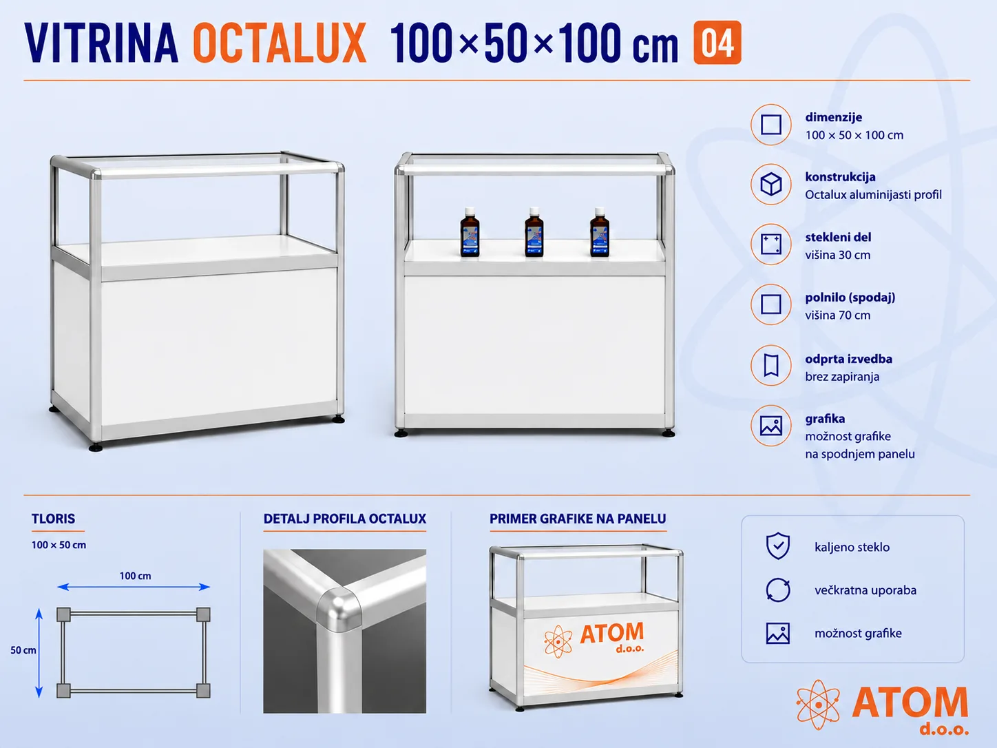 Vitrina/pult Octalux 100x50x100 cm, nizek stekleni del