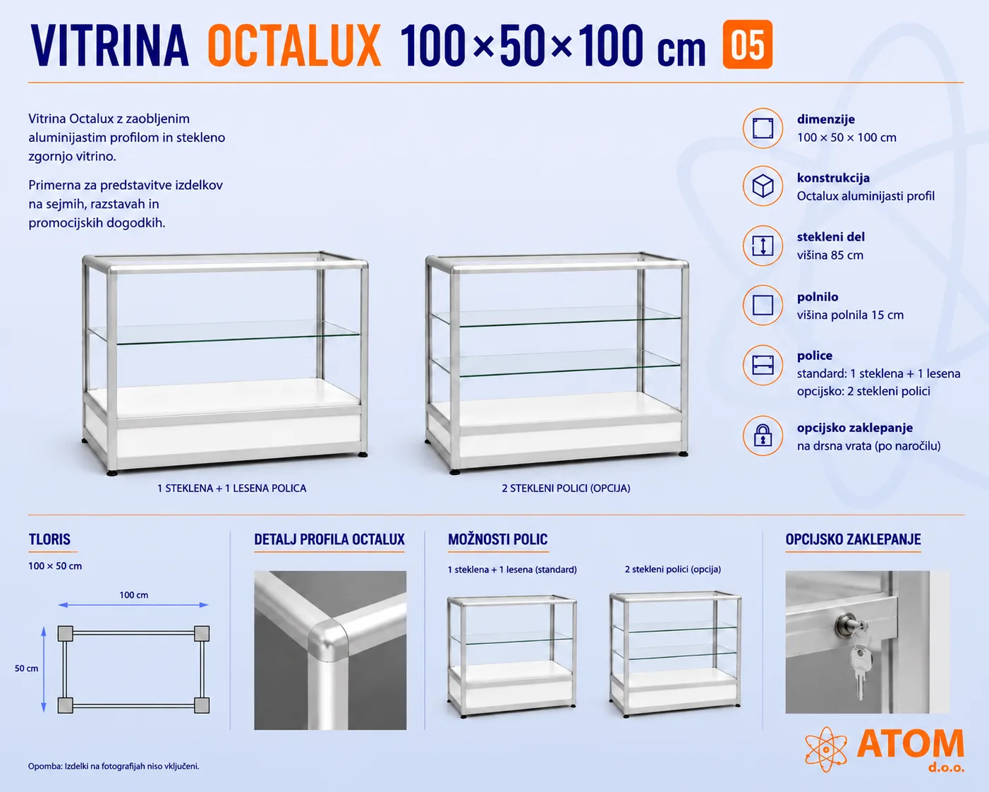 Vitrina Octalux 100x50x100 cm, visok stekleni del