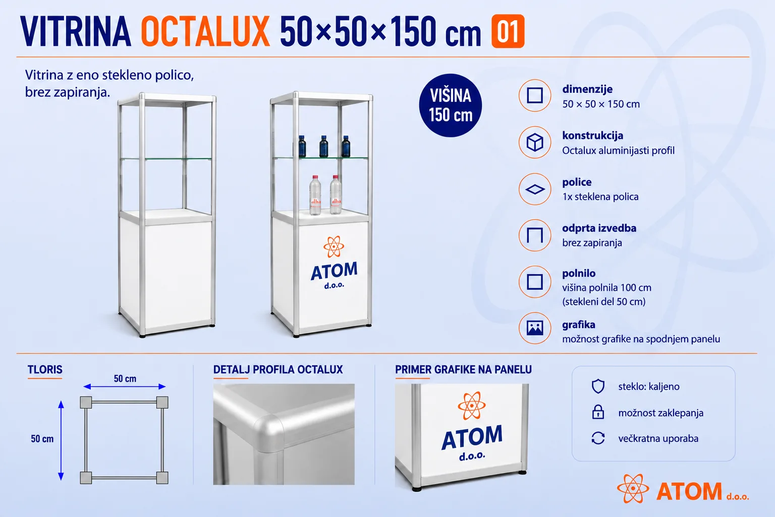 Vitrina Octalux 50x50x150 cm