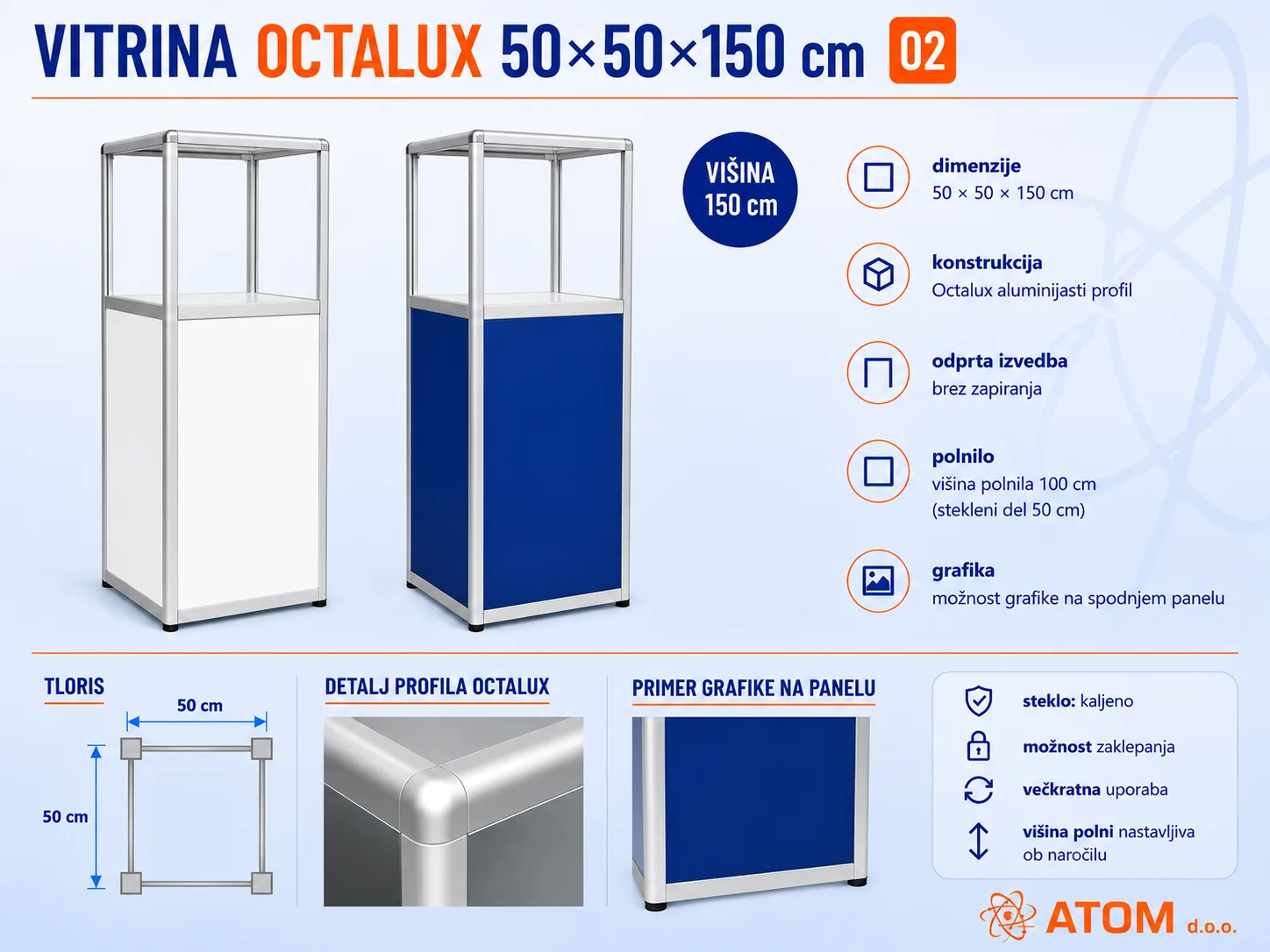 Vitrina Octalux 50x50x150 cm, barvni panel